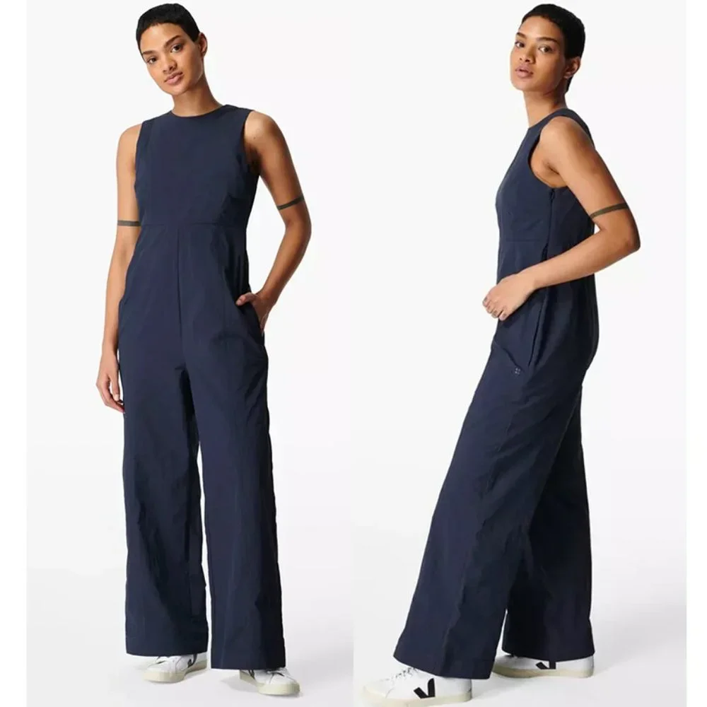 NEW Sweaty Betty Air Flow Wide Leg Jumpsuit High Neck Activewear Navy Blue Large - Picture 1 of 7
